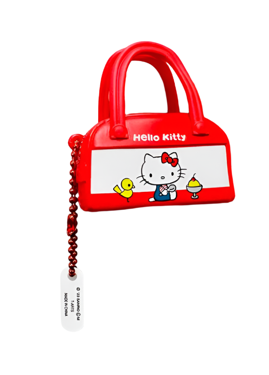 Adorable Hello Kitty mini Boston bag key holder, featuring intricate details for everyday use or display, part of the 50th Anniversary.
