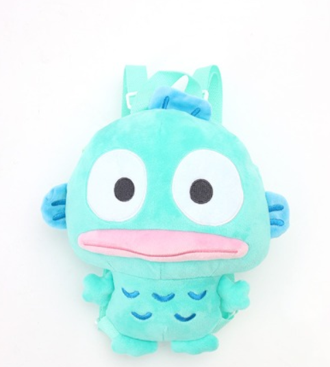 Adorable Sanrio Hangyodon backpack featuring soft, fluffy polyester and an adjustable strap.