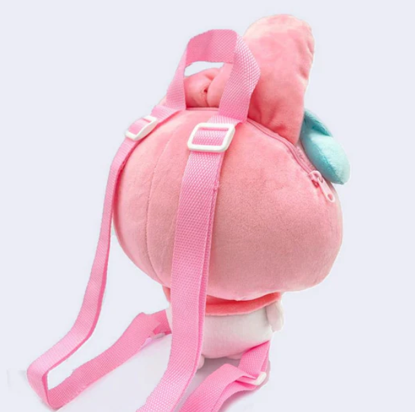 Adorable Sanrio My Melody plush backpack, featuring a main zipper pocket and adjustable straps for a comfortable fit.