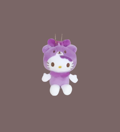Charming Hello Kitty Tiny Chum mascot in vibrant purple—ideal for accessorizing or decorating with kawaii Sanrio style.