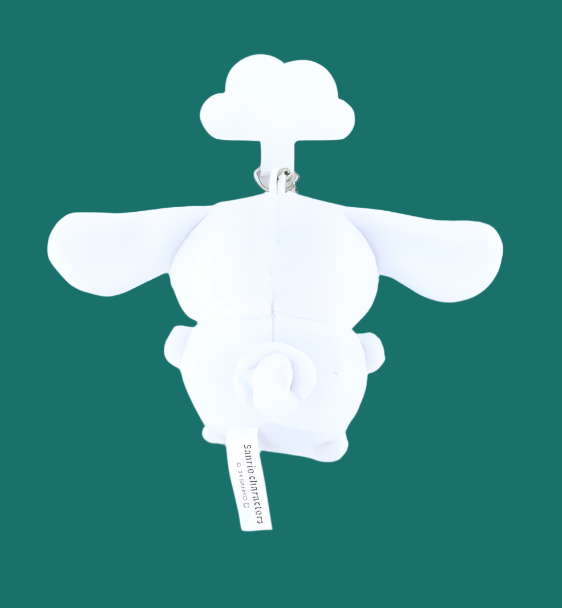 Cinnamoroll plush mascot with floppy ears, perfect for hanging on bags or attaching to a smartphone case, made from polyester and cotton.