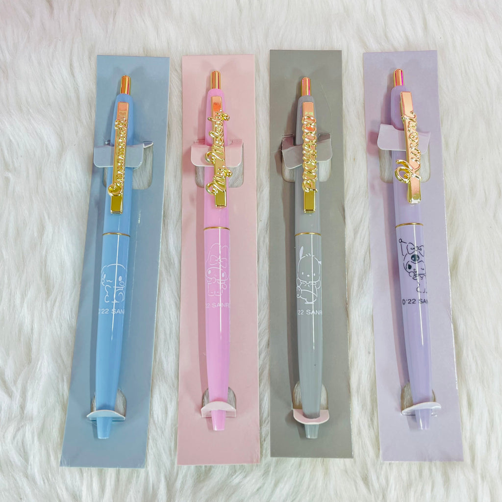 Complete Japan Kawaii Sanrio Character Ballpoint Pen Calm Color Collection featuring My Melody, Cinnamoroll, Pochacco, and Kuromi.