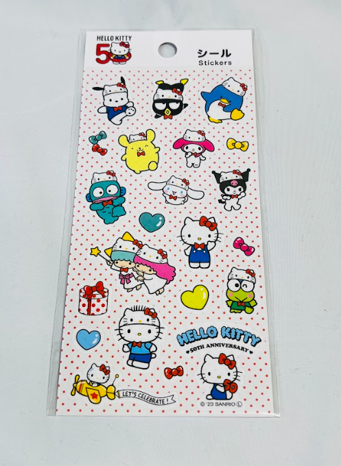 Hello Kitty 50th Anniversary Stickers - Vibrant Sanrio characters on matte paper, perfect for decorating.