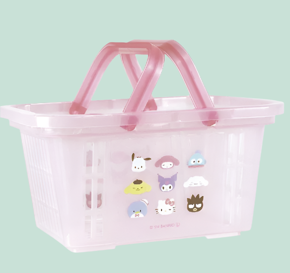 Cute light pink mini basket with iconic Sanrio characters like Cinnamoroll and Pompompurin, ideal for organizing jewelry and trinkets.
