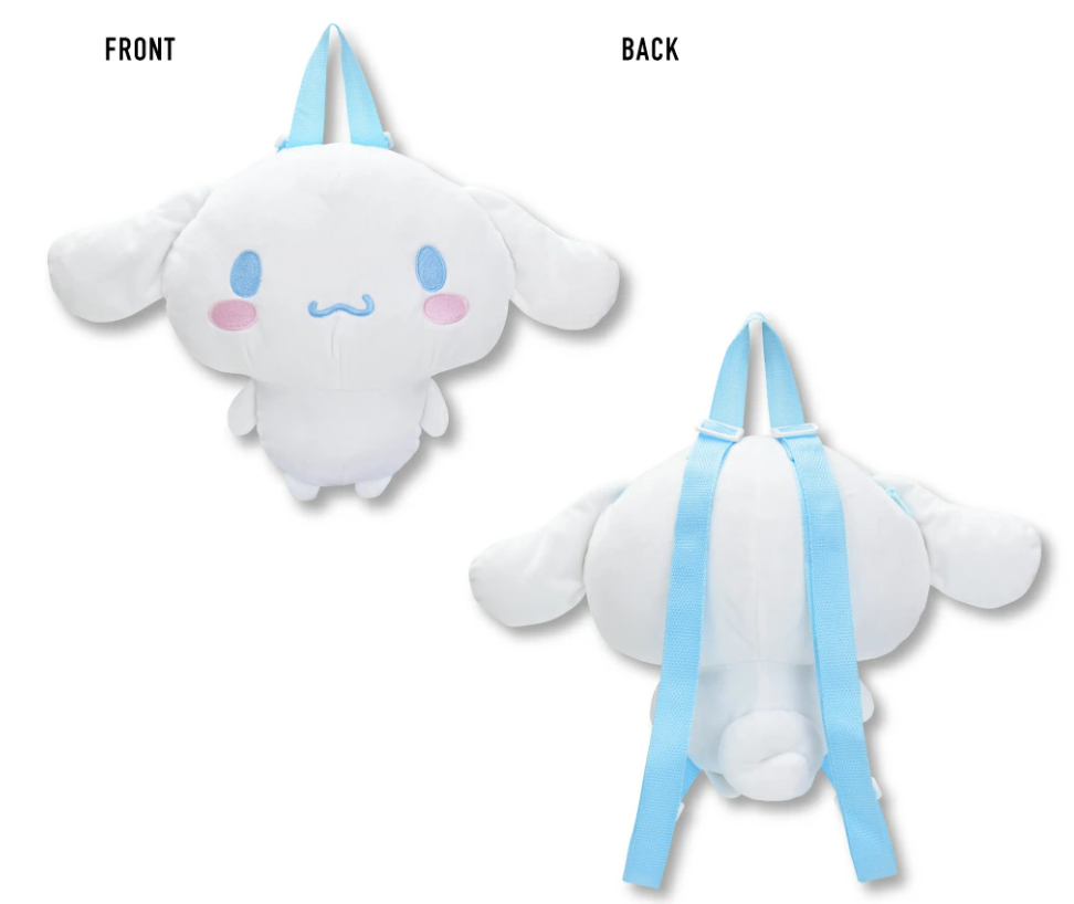 Kawaii Cinnamoroll plush backpack with adjustable straps and floppy ears, perfect for Sanrio fans and daily essentials.