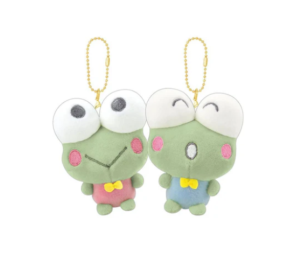 Sanrio Kero Kero Keroppi & Koropi plush keychain hanging from a backpack - cute accessory!