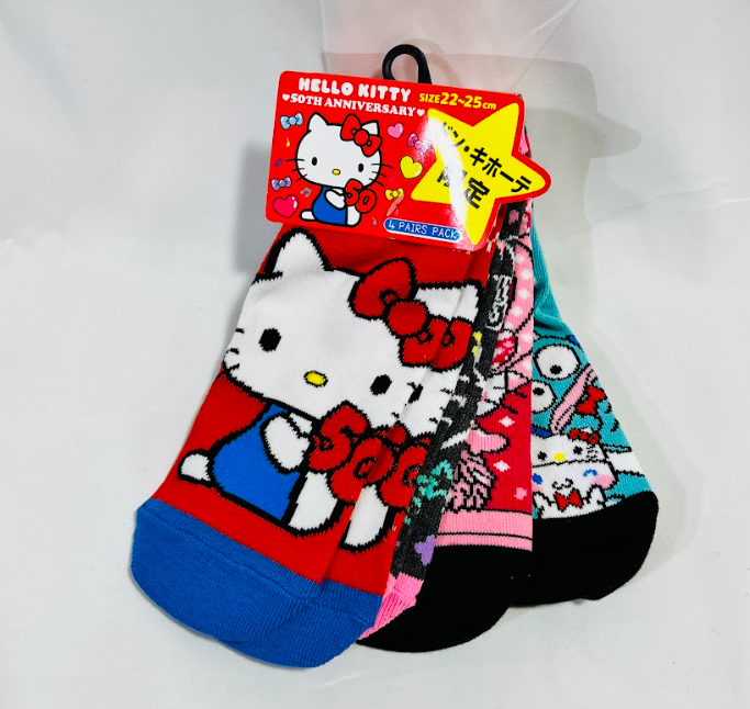 Four pairs of Hello Kitty Socks in varying colors, a must-have for fans of Sanrio