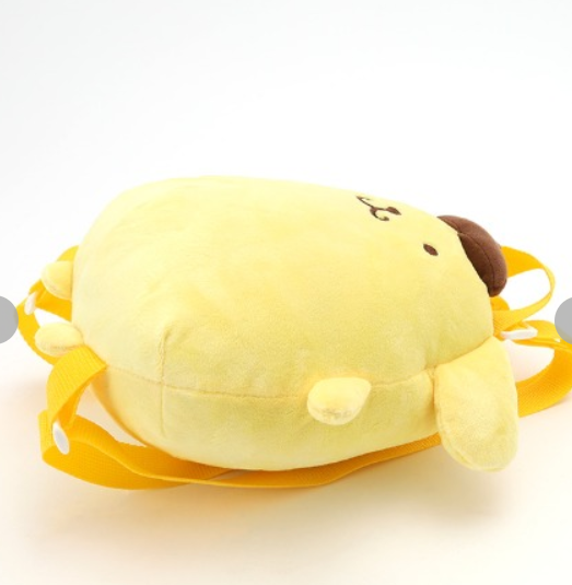 Soft and fluffy Pompompurin bag featuring an adjustable strap and a main zipper pocket for convenient storage of small items.