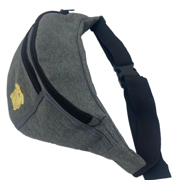 Stylish Pompompurin waist pouch from Sanrio, featuring a secure W fastener and adjustable belt for versatile use
