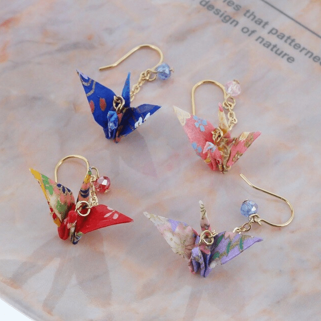 Blue Yuzen Washi Paper Crane Earrings - TokuDeals