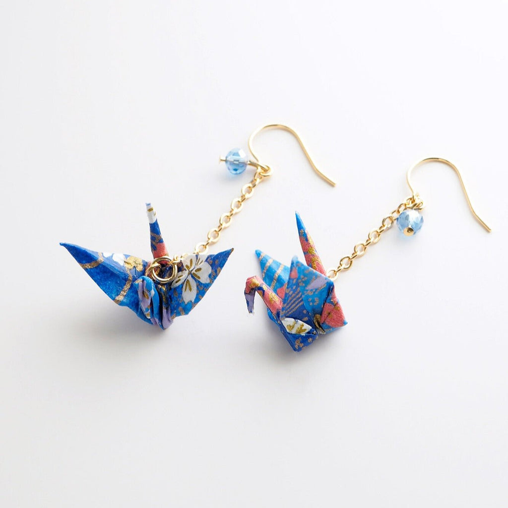Blue Yuzen Washi Paper Crane Earrings - TokuDeals