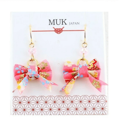 Pink Japanese style Yuzen washi paper ribbon earrings - TokuDeals