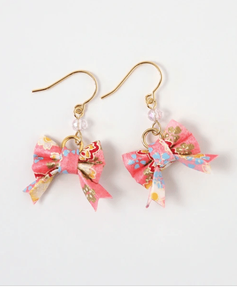 Pink Japanese style Yuzen washi paper ribbon earrings - TokuDeals