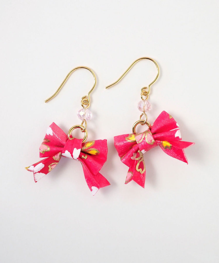 Red Japanese style Yuzen washi paper ribbon earrings - TokuDeals